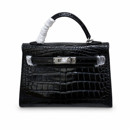 Kelly Sellier 19cm Noir Shiny Crocodile Leather Gold Hardware & Palladium Hardware Women Handbag