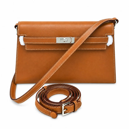 Kelly Elan 25 Underarm Baguette Bag, Genuine Top Layer Cowhide Goat Grain Leather, Silver Hardware Caramel Brown Shoulder Purse, Vintage Classic Fall Winter Must-Have Handbag Size 25×6.5×15cm
