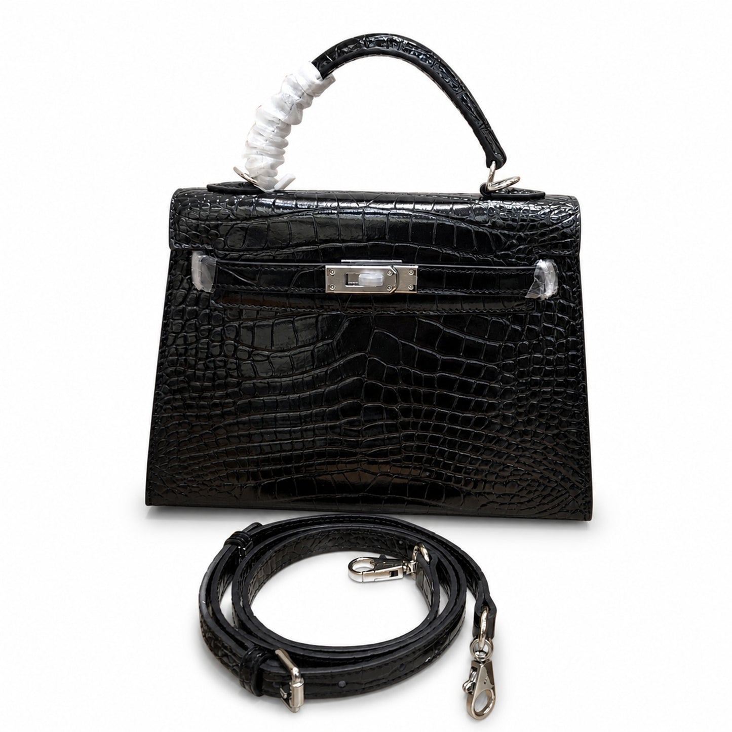 Kelly Sellier 22cm Noir Shiny Crocodile Leather Gold Hardware & Palladium Hardware Women Handbag