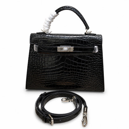 Kelly Sellier 22cm Noir Shiny Crocodile Leather Gold Hardware & Palladium Hardware Women Handbag