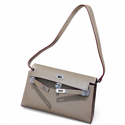 Kelly Elan 25 Underarm Baguette Bag, Genuine Top Layer Cowhide Goat Grain Leather, Silver Hardware Khaki Shoulder Handbag, Timeless Neutral Must-have Bag Elegant Versatile Daily Purse Size 25×6.5×15cm