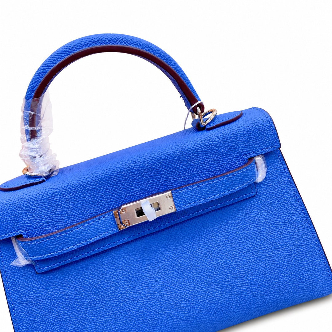 Mini Kelly II Sellier 19cm & 22cm Bleu Electrique Epsom Leather Palladium Hardware Women Mini Handbag With Extra Fabric Strap