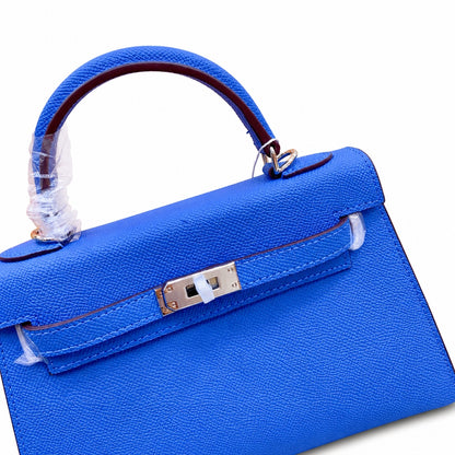 Mini Kelly II Sellier 19cm & 22cm Bleu Electrique Epsom Leather Palladium Hardware Women Mini Handbag With Extra Fabric Strap