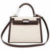 Kelly 25 Bag With Exterior Stitching Crafted Of Patchwork Canvas & Premium Swift Leather, Classic Deep Ebony Wood Shade, Unique Mixed Material Texture With Distinct Vintage Charm Dimensions: Length 25 * Width 10 * Height 18cm
