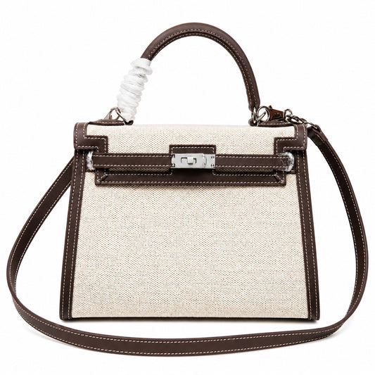 Kelly 25 Bag With Exterior Stitching Crafted Of Patchwork Canvas & Premium Swift Leather, Classic Deep Ebony Wood Shade, Unique Mixed Material Texture With Distinct Vintage Charm Dimensions: Length 25 * Width 10 * Height 18cm