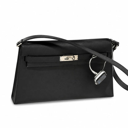 Kelly Elan 25 Underarm Baguette Bag, Genuine Top Layer Cowhide Goat Grain Leather, Silver Hardware Black Unisex Shoulder Purse, Multiway Crossbody Handheld Daily Bag, High Practical Daily Bag Size 25×6.5×15cm
