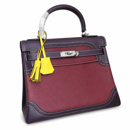 Kelly Sellier Ghillies 28cm Bordeaux & Marron Foncé Barenia Leather Palladium Hardware Women Handbag