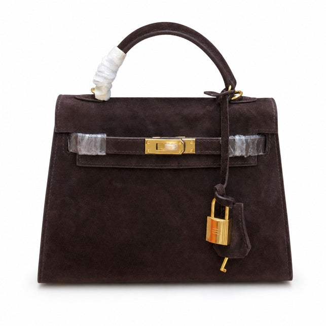 Mini Kelly Sellier 22cm Ebene Suede Leather Gold Hardware Women Mini Handbag