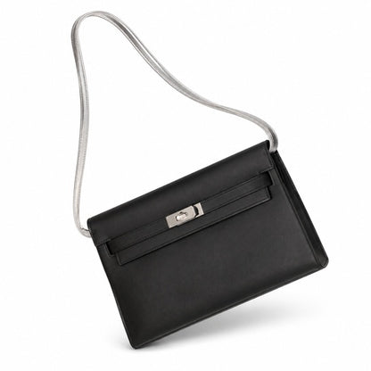 Kelly Elan 25 Underarm Baguette Bag, Genuine Top Layer Cowhide Goat Grain Leather, Silver Hardware Black Unisex Shoulder Purse, Multiway Crossbody Handheld Daily Bag, High Practical Daily Bag Size 25×6.5×15cm