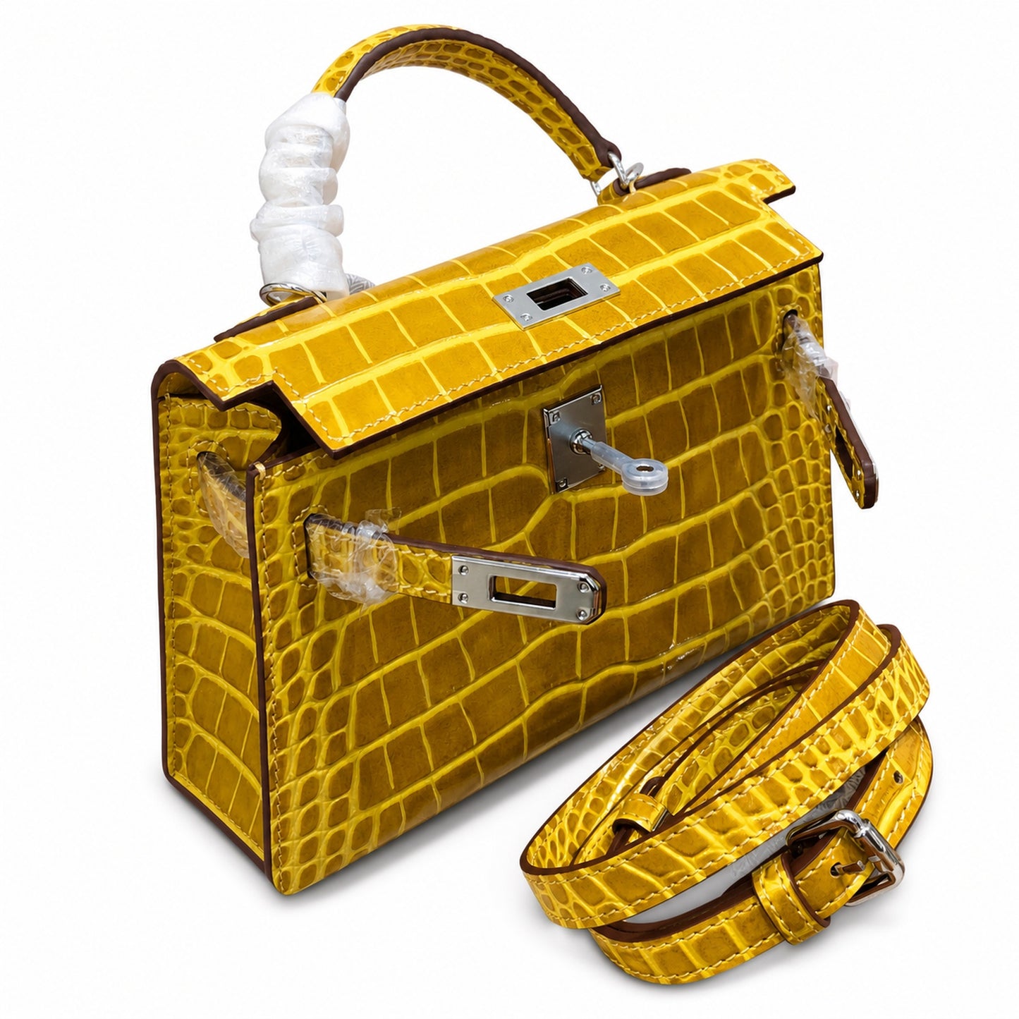 Kelly Sellier 19cm Jaune Ambre Shiny Crocodile Leather Gold Hardware & Palladium Hardware Women Handbag