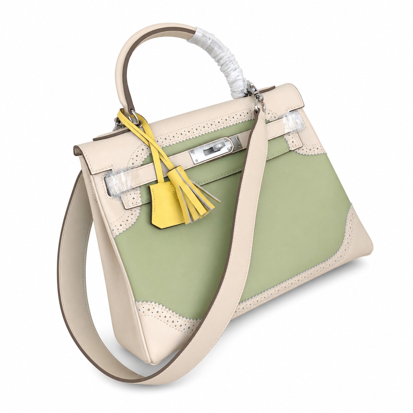 Kelly Sellier Ghillies 28cm Craie & Vert Pomme Barenia Leather Palladium Hardware Women Handbag