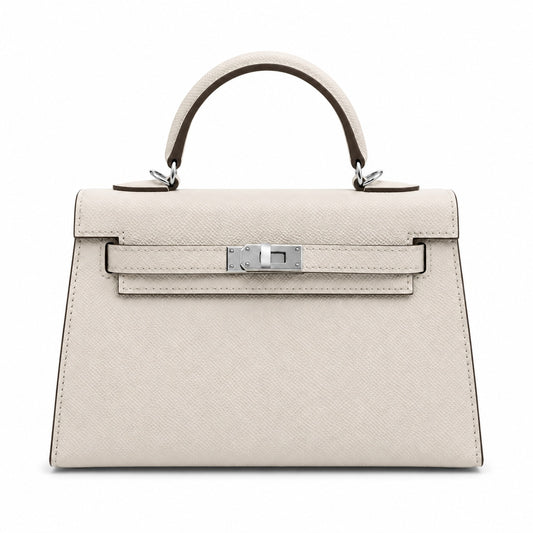 Mini Kelly II Sellier 19cm & 22cm Craie Epsom Leather Palladium Hardware Women Mini Handba