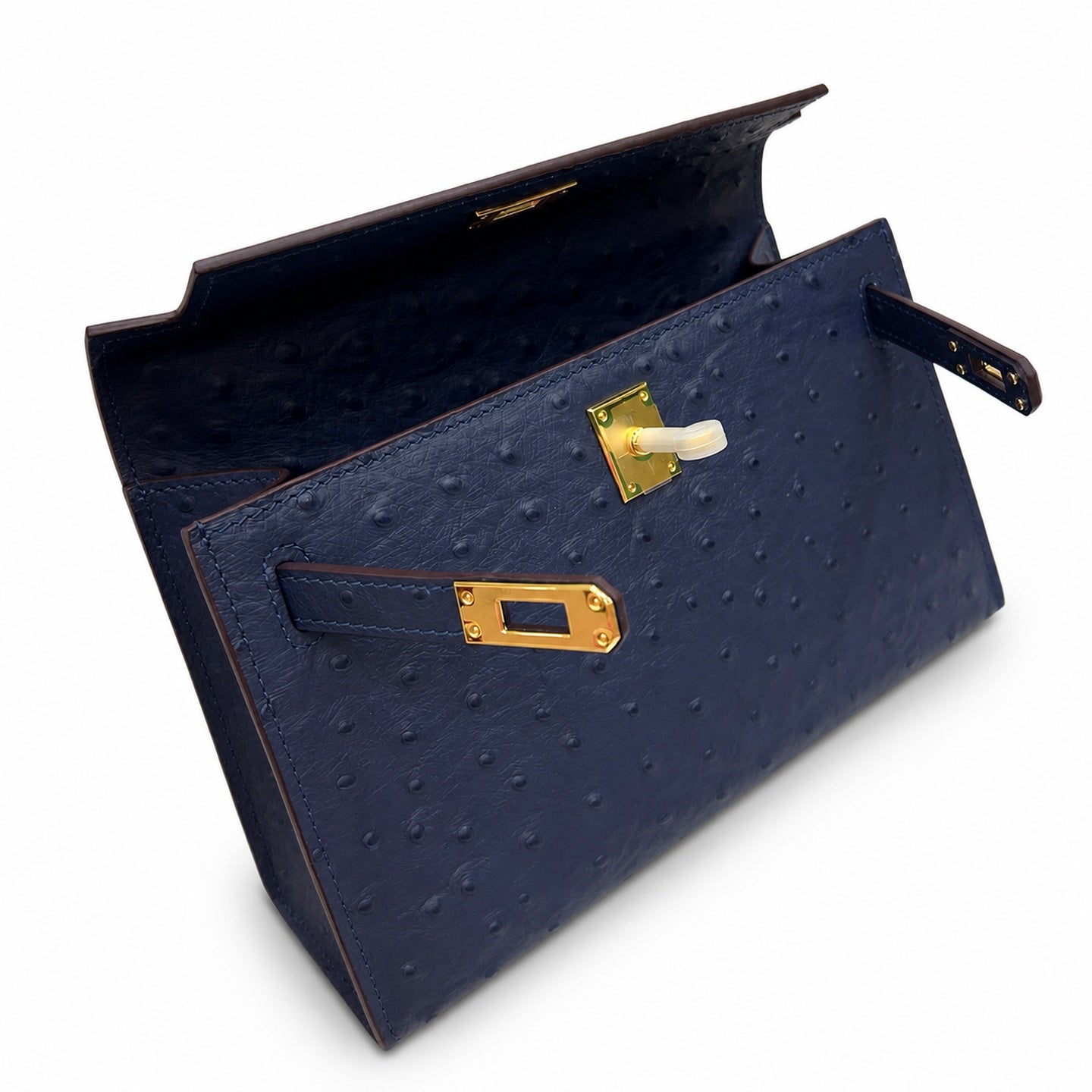 Mini Kelly Sellier 22cm Bleu Nuit Ostrich Leather Gold Hardware Women Mini Handbag