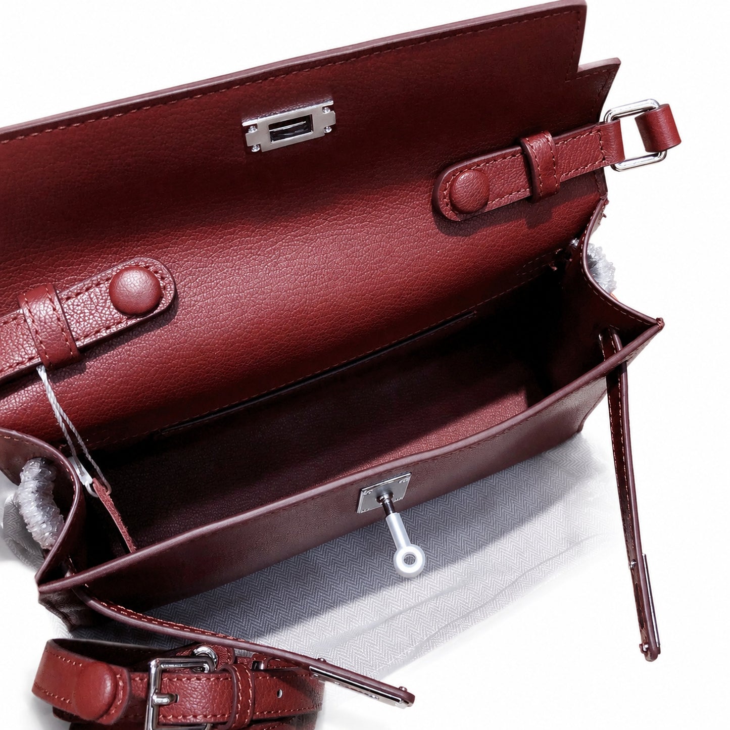 Kelly Elan 25 Underarm Baguette Bag, Genuine Top Layer Cowhide Goat Grain Leather, SilverHardware Vintage Wine Red Shoulder Handbag, Elegant Luxury Quiet Glam Daily Purse Size 25×6.5×15cm