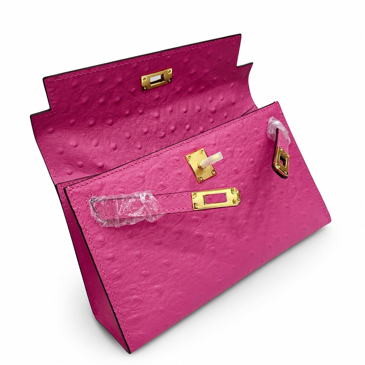 Mini Kelly Sellier 22cm Rose Tyrien Ostrich Leather Gold Hardware Women Mini Handbag
