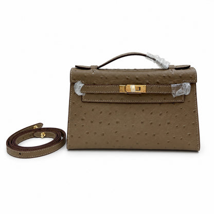 Mini Kelly II Sellier 19cm & 22cm Etoupe Ostrich Leather Gold Hardware Women Mini Handbag