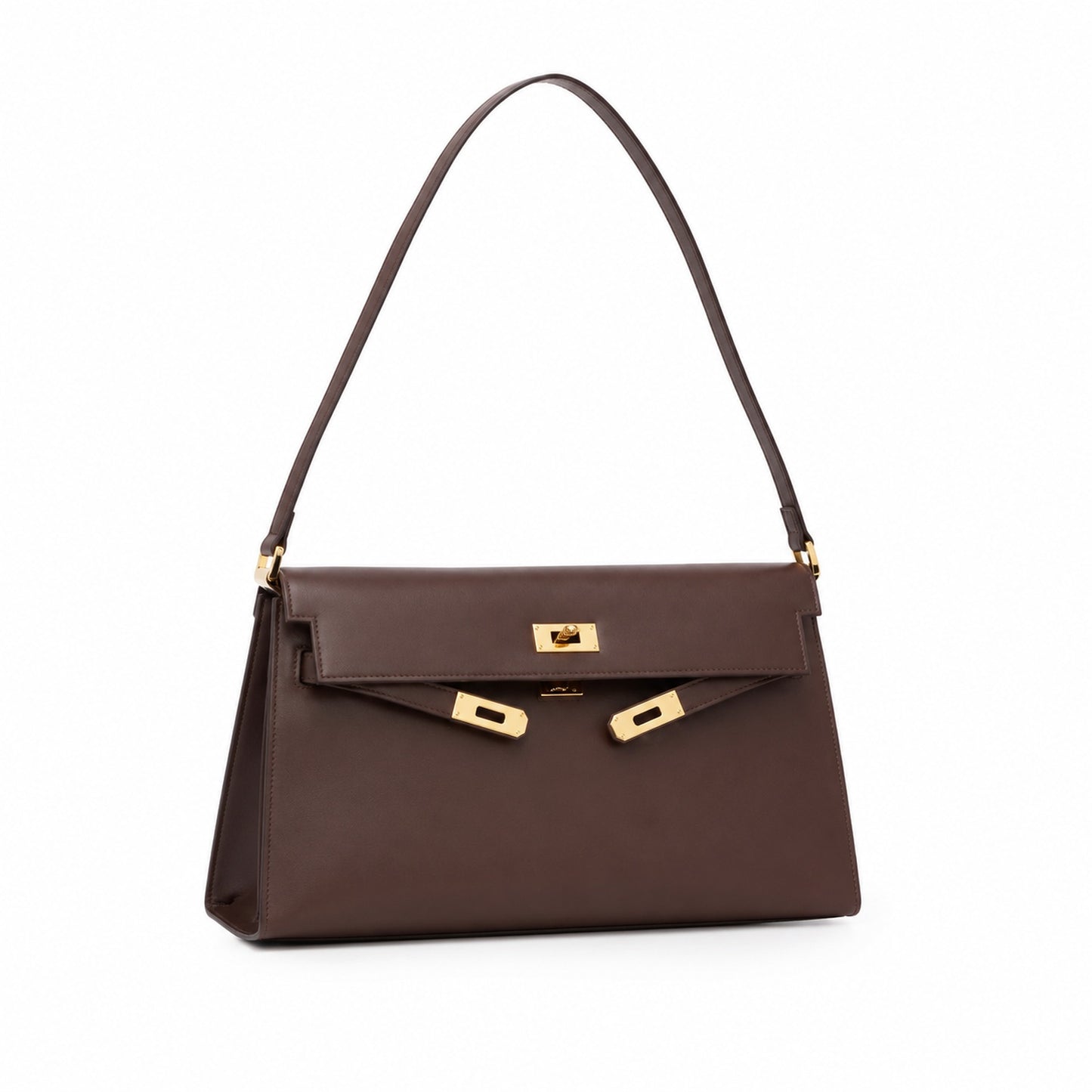 Kelly Elan 25 Underarm Baguette Bag, Genuine Top Layer Cowhide Goat Grain Leather, Gold Hardware Havane Brown Shoulder Purse, Low-key Old Money Vintage Style Daily Handbag Size 25×6.5×15cm