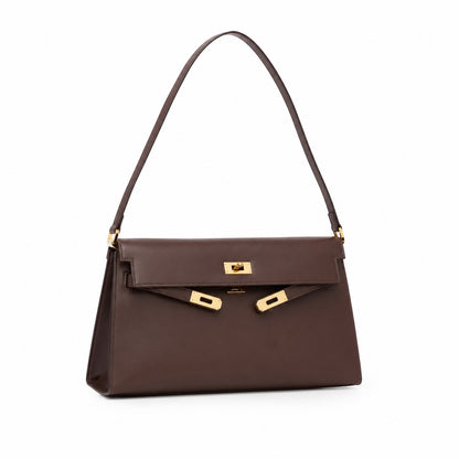 Kelly Elan 25 Underarm Baguette Bag, Genuine Top Layer Cowhide Goat Grain Leather, Gold Hardware Havane Brown Shoulder Purse, Low-key Old Money Vintage Style Daily Handbag Size 25×6.5×15cm