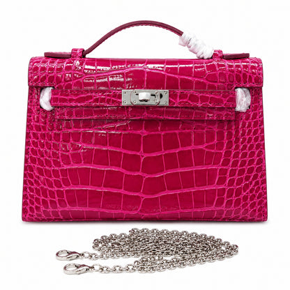 Kelly Pochette Fuchsia Shiny Niloticus Crocodile Leather Palladium Hardware Women Clutch Bag
