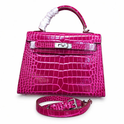 Kelly Sellier 22cm  Fuchsia Shiny Crocodile Leather Gold Hardware & Palladium Hardware Women Handbag