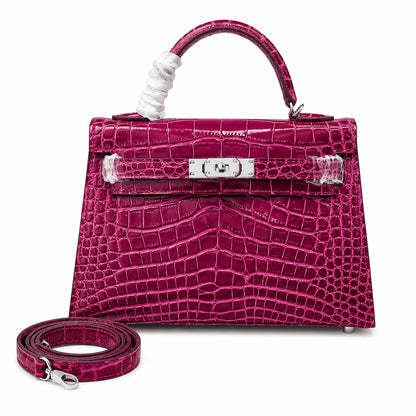 Kelly Sellier 19cm Fuchsia Shiny Crocodile Leather Gold Hardware & Palladium Hardware Women Handbag