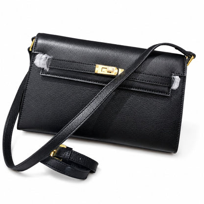 Kelly Elan 25 Underarm Baguette Bag, Genuine Top Layer Cowhide with Glossy Goat Grain, Gold Hardware Black Shoulder Handbag, Spacious Capacity Casual Versatile Daily Purse Size 25×6.5×15cm