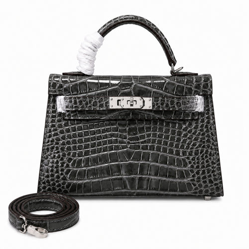 Kelly Sellier 19cm Gris Elephant Shiny Crocodile Leather Gold Hardware & Palladium Hardware Women Handbag