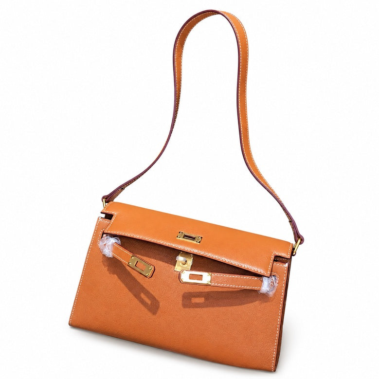 Kelly Elan 25 Top-Grain Leather Goat-Pattern Underarm Baguette Bag – Gold Buckle, Coffee Brown, 25×6.5×15cm