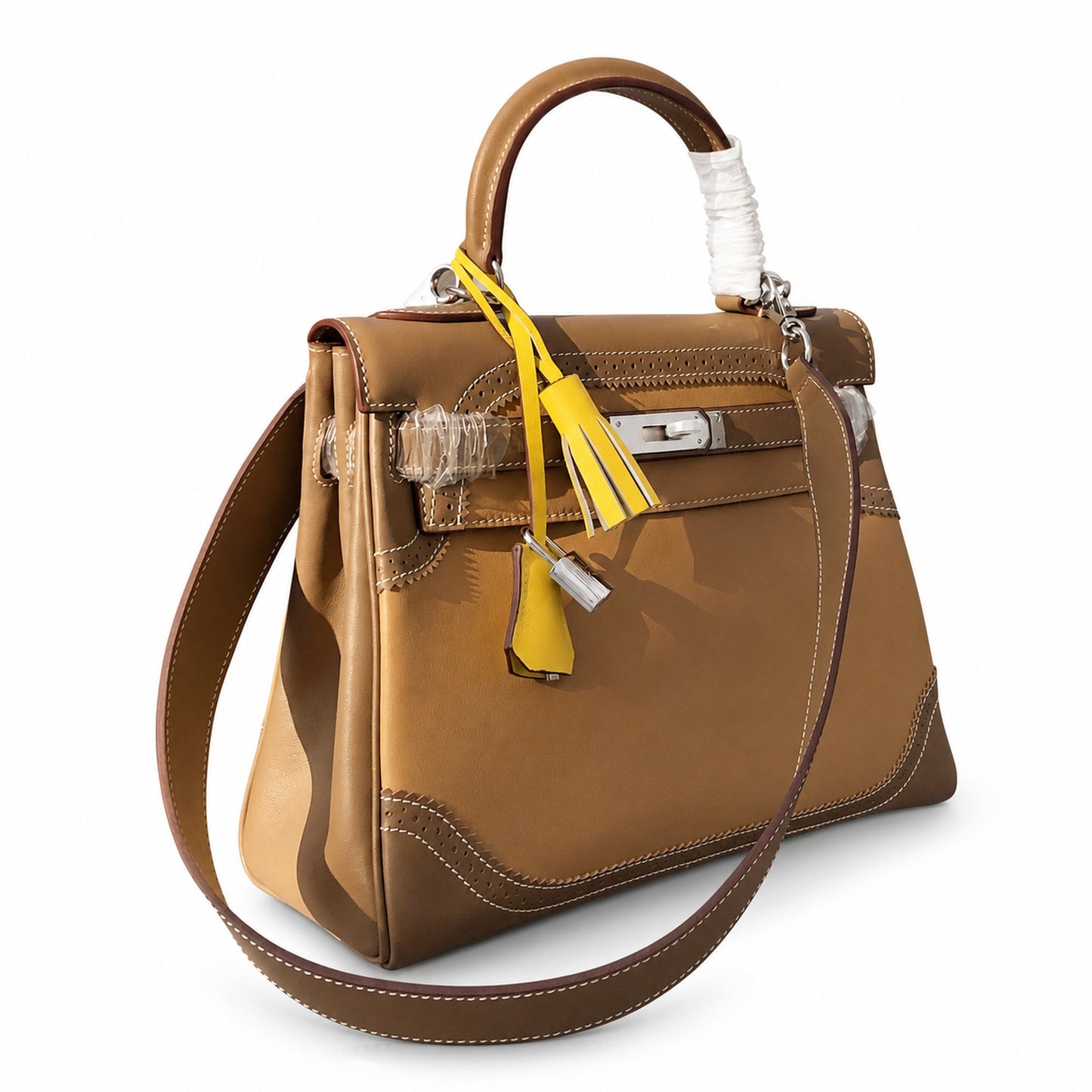 Kelly Sellier Ghillies 28cm Beige Poussière & Marron Foncé Barenia Leather Palladium Hardware Women Handbag