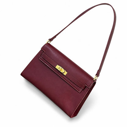 Kelly Elan 25 Underarm Baguette Bag, Genuine Top Layer Cowhide Goat Grain Leather, Gold Hardware Vintage Wine Red Shoulder Handbag, Elegant Luxury Quiet Glam Daily Purse Size 25×6.5×15cm