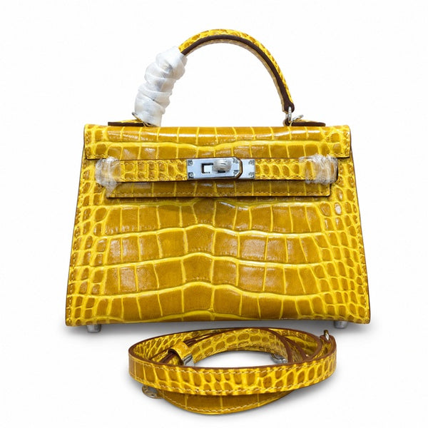 Kelly Sellier 19cm Jaune Ambre Shiny Crocodile Leather Gold Hardware & Palladium Hardware Women Handbag