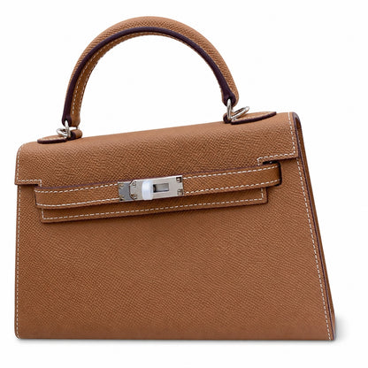 Mini Kelly II Sellier 19cm & 22cm Etoupe Epsom Leather Palladium Hardware Women Mini Handbag