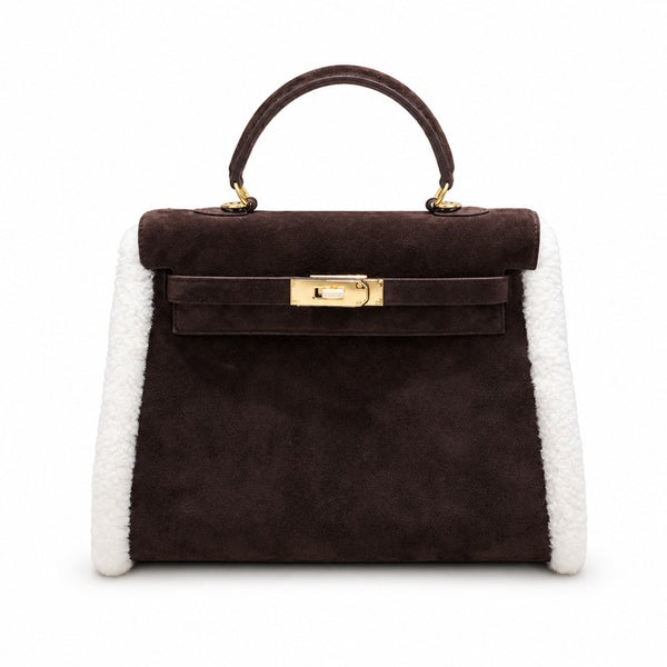 Kelly Sellier 28cm Ebene Suede Leather Gold Hardware Commute Shoulder Handbag
