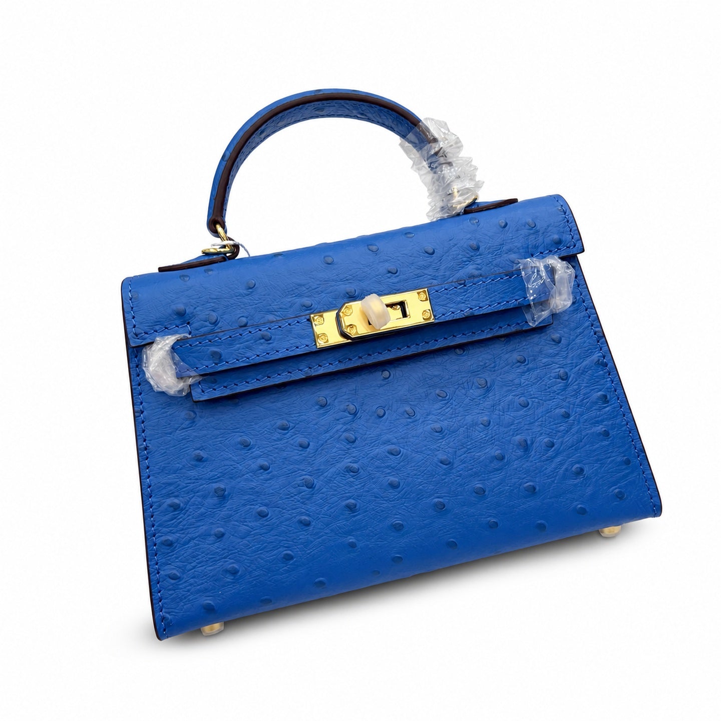 Mini Kelly II 19cm Sellier Bleu Electrique Ostrich Gold Hardware Luxury Crossbody Handbag