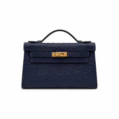 Mini Kelly Sellier 22cm Bleu Nuit Ostrich Leather Gold Hardware Women Mini Handbag