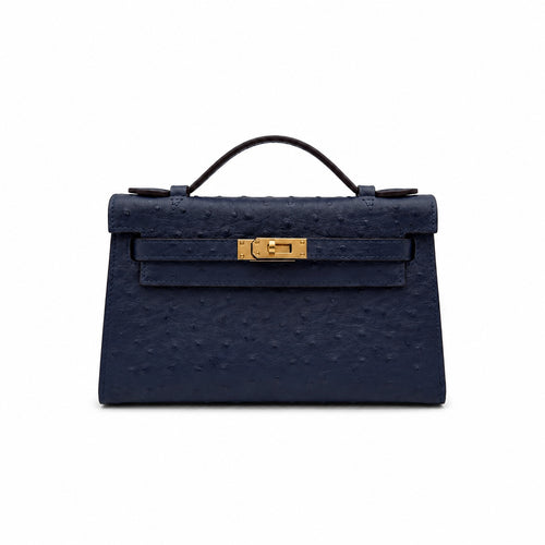 Mini Kelly Sellier 22cm Bleu Nuit Ostrich Leather Gold Hardware Women Mini Handbag