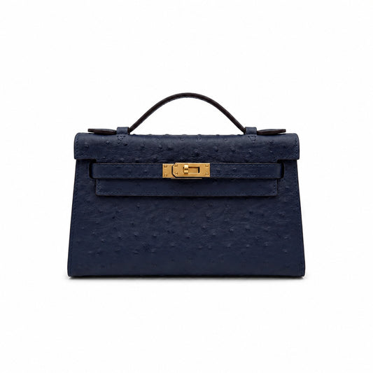 Mini Kelly Sellier 22cm Bleu Nuit Ostrich Leather Gold Hardware Women Mini Handbag