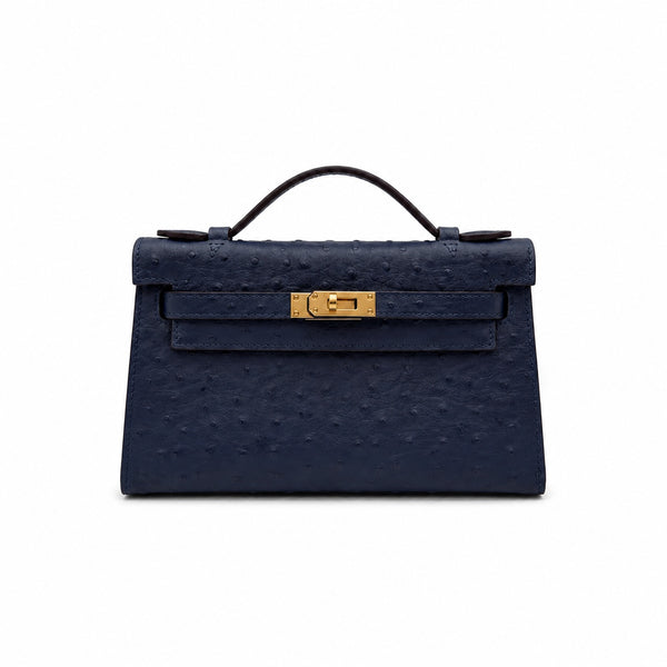 Mini Kelly Sellier 22cm Bleu Nuit Ostrich Leather Gold Hardware Women Mini Handbag