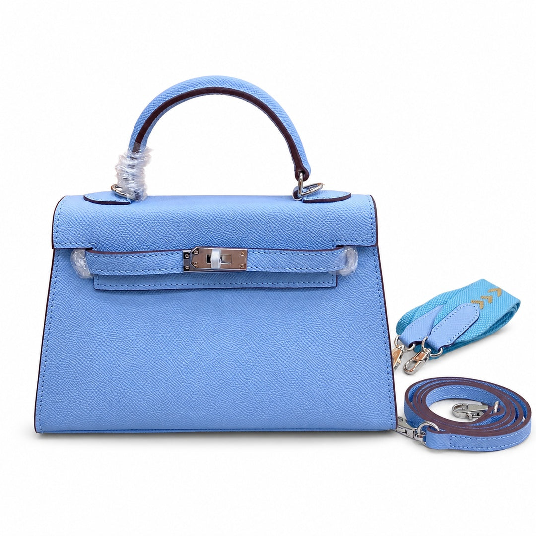 Mini Kelly II Sellier 19cm & 22cm Bleu Brume Epsom Leather Palladium Hardware Women Mini Handbag