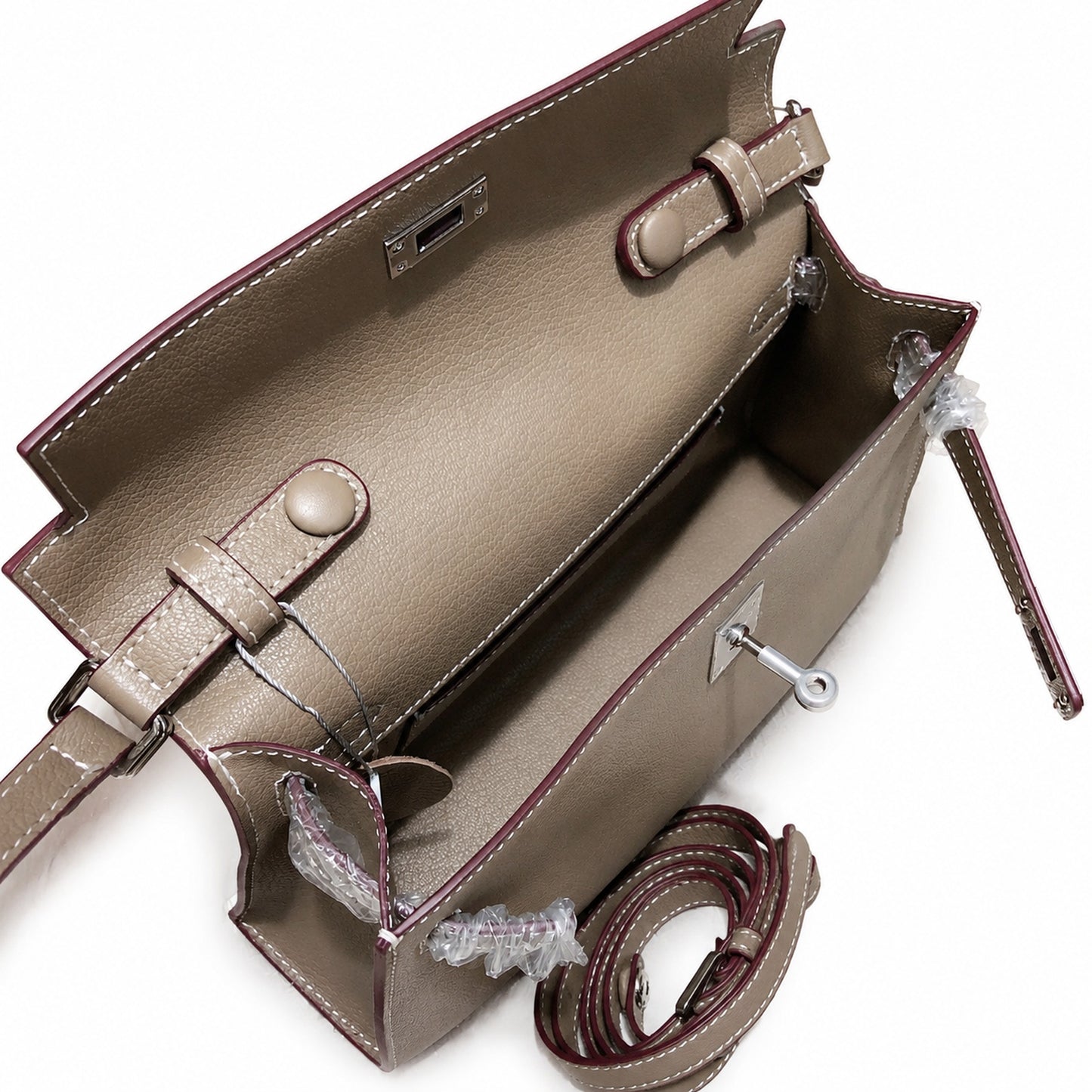 Kelly Elan 25 Underarm Baguette Bag, Genuine Top Layer Cowhide Goat Grain Leather, Silver Hardware Khaki Shoulder Handbag, Timeless Neutral Must-have Bag Elegant Versatile Daily Purse Size 25×6.5×15cm
