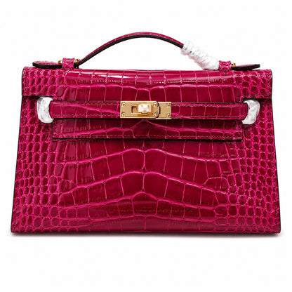 Kelly Pochette Fuchsia Shiny Niloticus Crocodile Leather Gold Hardware Women Clutch Bag
