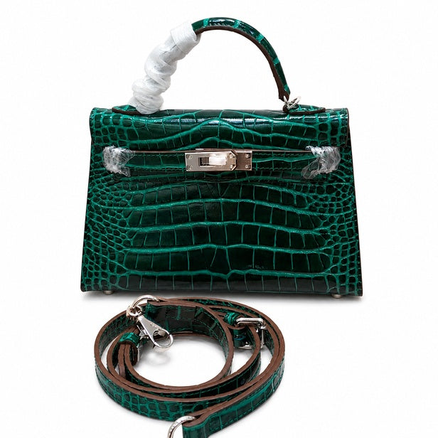 Kelly Sellier 19cm Vert Emeraude Shiny Crocodile Leather Gold Hardware & Palladium Hardware Women Handbag