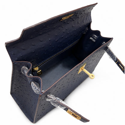 elly Sellier 25cm Bleu Nuit Ostrich Gold Hardware Luxury Commute Handbag