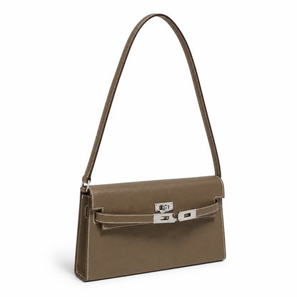 Kelly Elan 25 Underarm Baguette Bag, Genuine Top Layer Cowhide Goat Grain Leather, Silver Hardware Khaki Shoulder Handbag, Timeless Neutral Must-have Bag Elegant Versatile Daily Purse Size 25×6.5×15cm