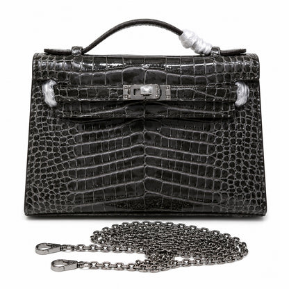 Kelly Pochette Gris Elephant Shiny Niloticus Crocodile Leather Palladium Hardware & Palladium Hardware Women Clutch Bag