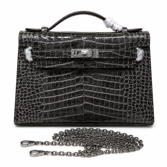 Kelly Pochette Gris Elephant Shiny Niloticus Crocodile Leather Palladium Hardware & Palladium Hardware Women Clutch Bag