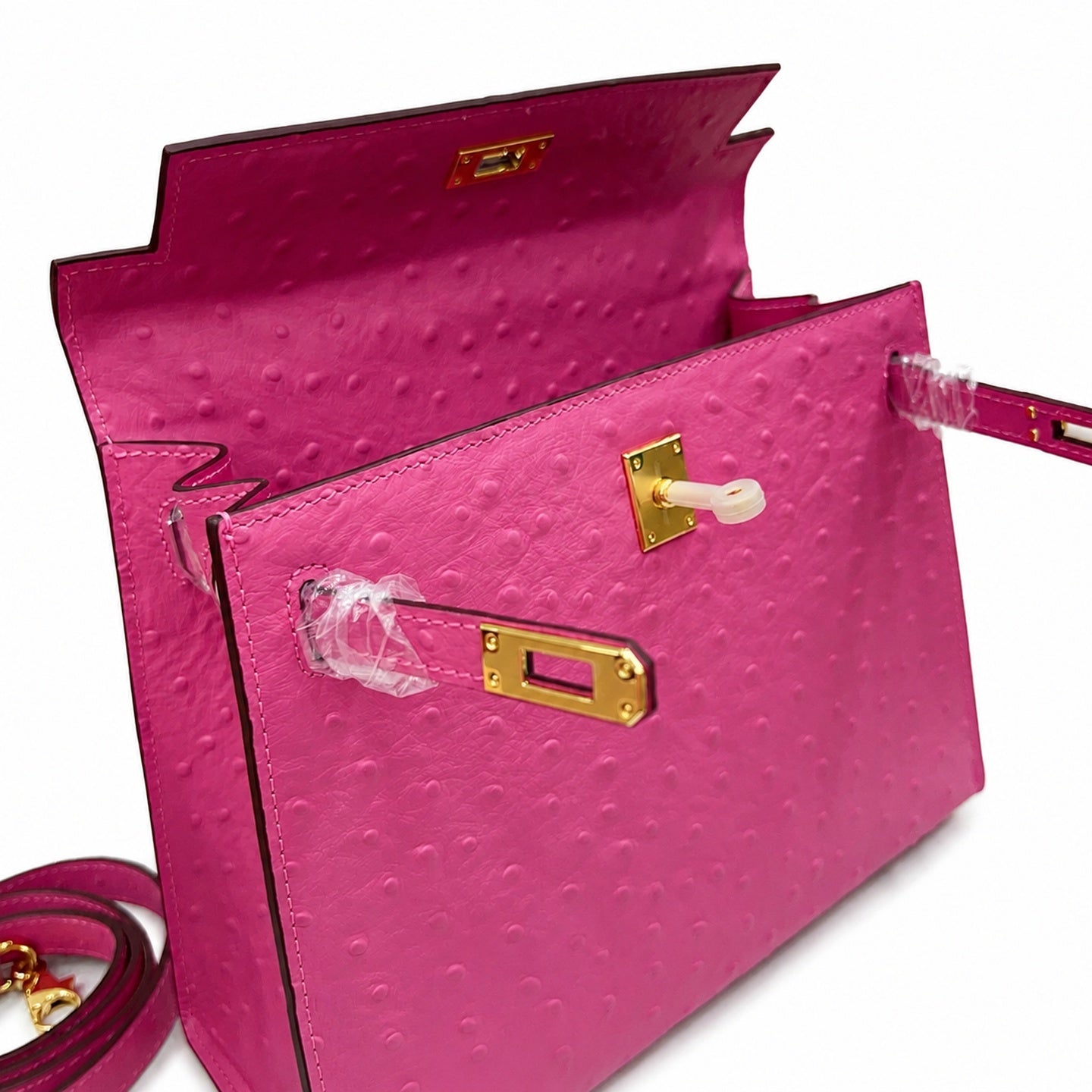 Kelly Sellier 25cm Rose Tyrien Ostrich Gold Hardware Designer Crossbody Tote
