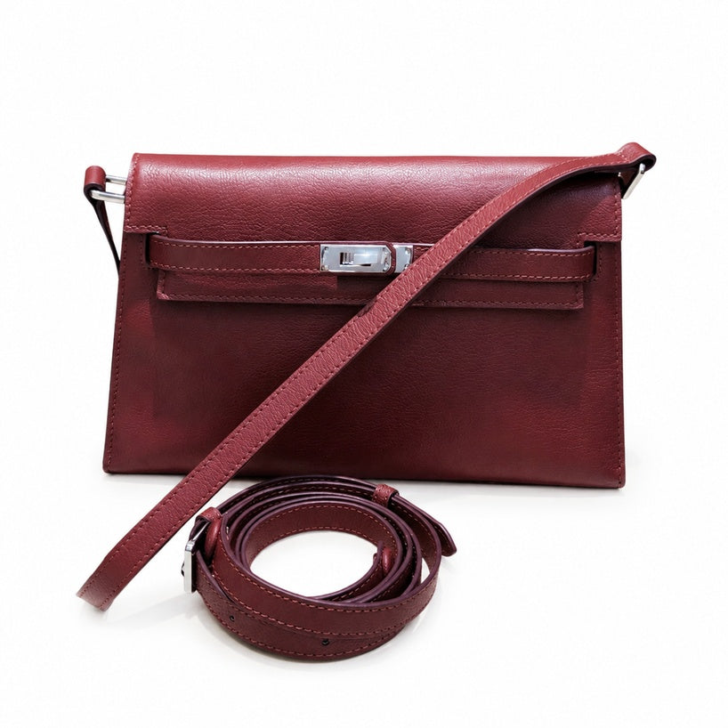 Kelly Elan 25 Underarm Baguette Bag, Genuine Top Layer Cowhide Goat Grain Leather, SilverHardware Vintage Wine Red Shoulder Handbag, Elegant Luxury Quiet Glam Daily Purse Size 25×6.5×15cm