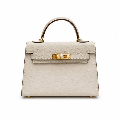 Mini Kelly II 19cm Sellier Craie Ostrich Gold Hardware Premium Women Daily Handbag