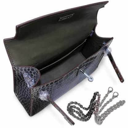 Kelly Pochette Gris Elephant Shiny Niloticus Crocodile Leather Palladium Hardware & Palladium Hardware Women Clutch Bag